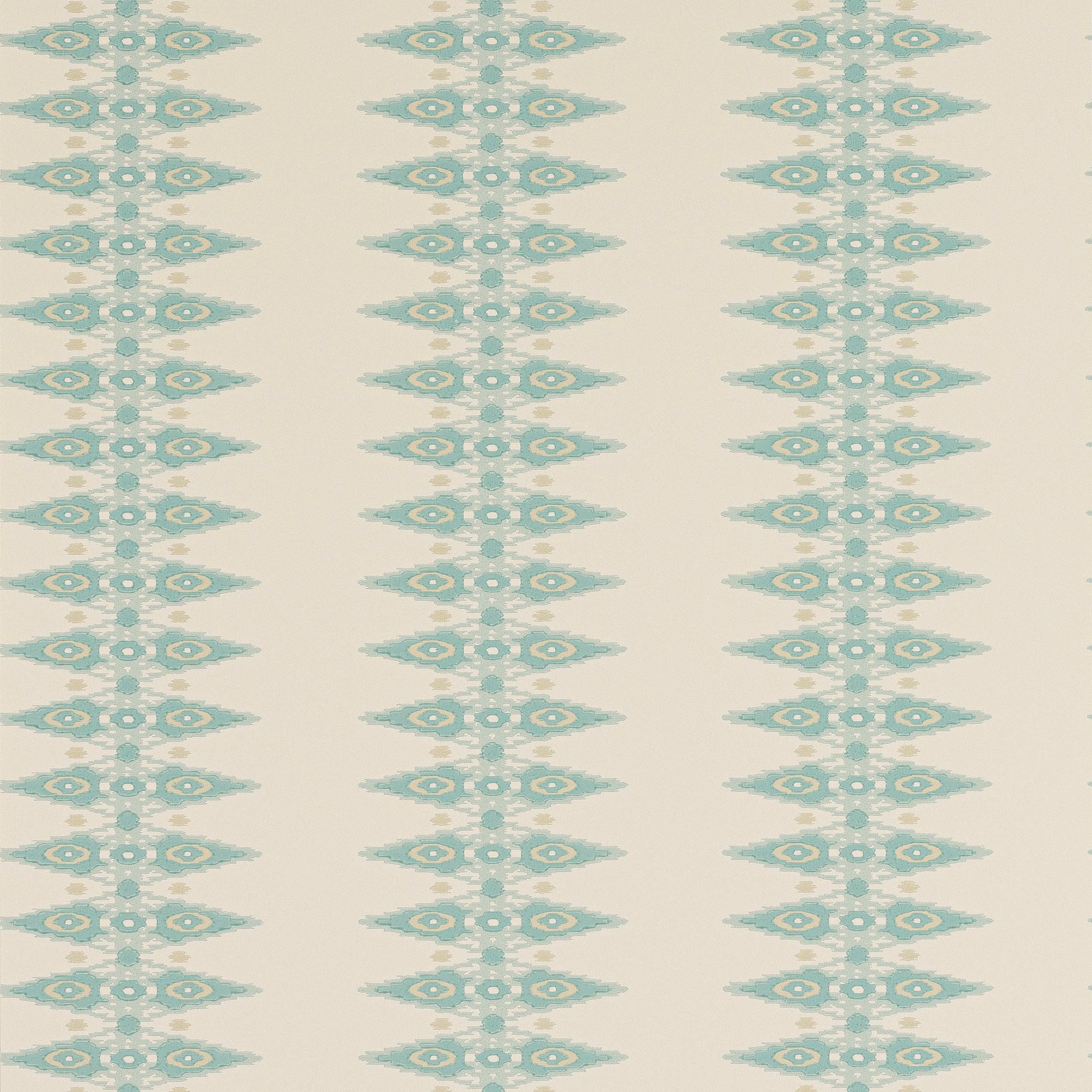Pale aqua geometric stripe wallpaper with repeated motifs on an ivory ground