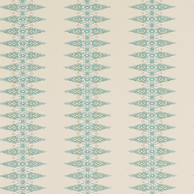 Pale aqua geometric stripe wallpaper with repeated motifs on an ivory ground