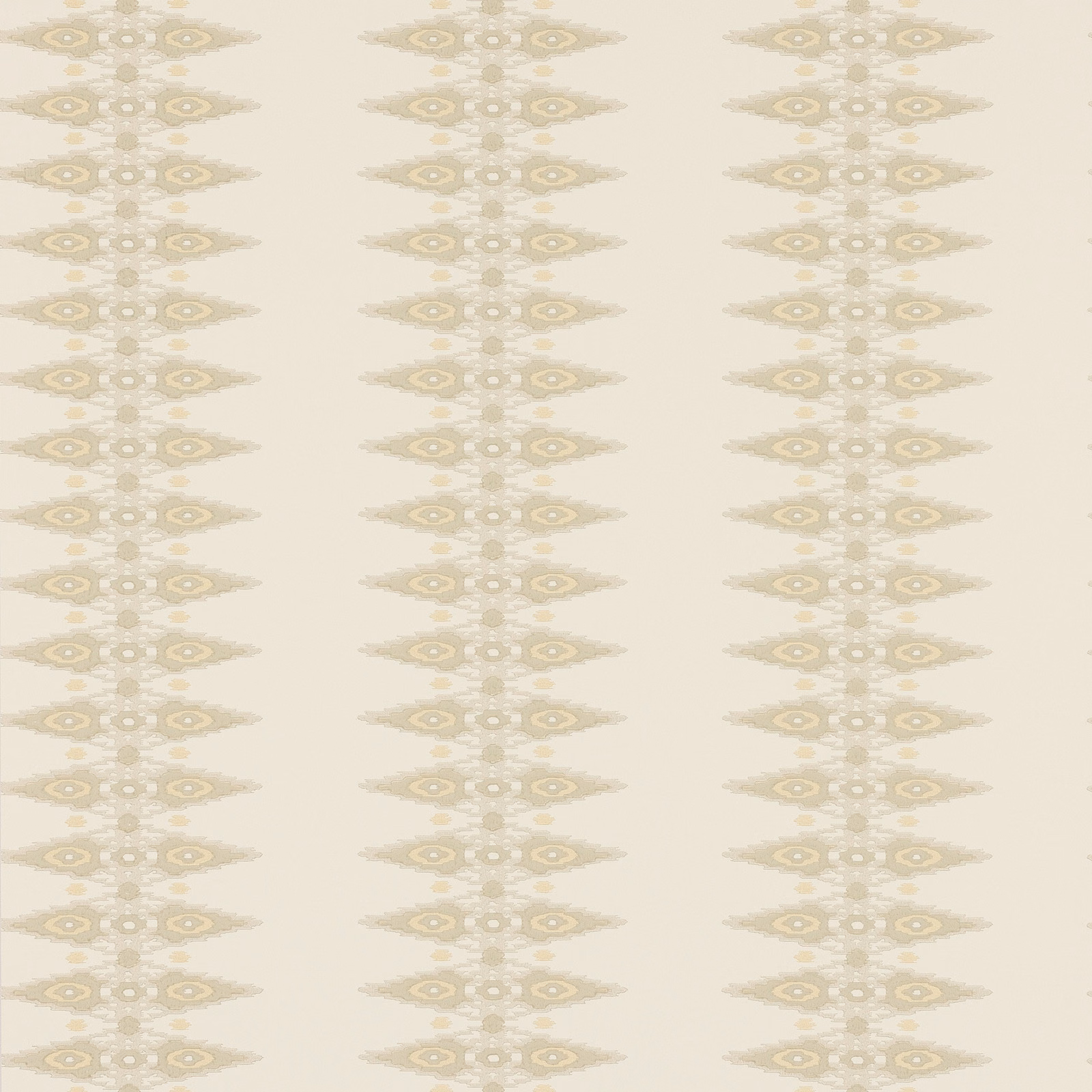 Pale beige wallpaper with vertical rows of muted ochre geometric eye motifs
