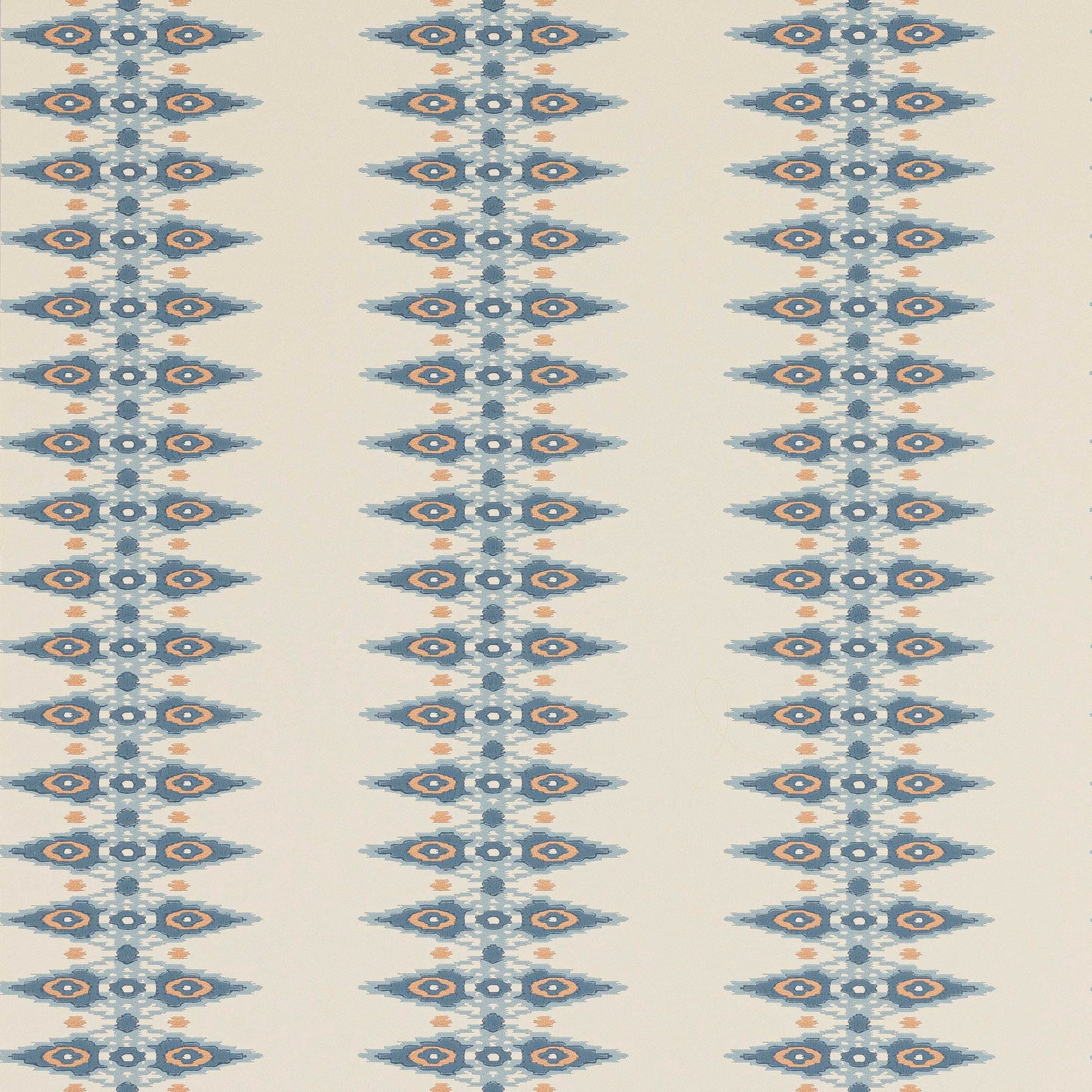 Cream wallpaper with dusty blue geometric stripes and rust diamond motifs