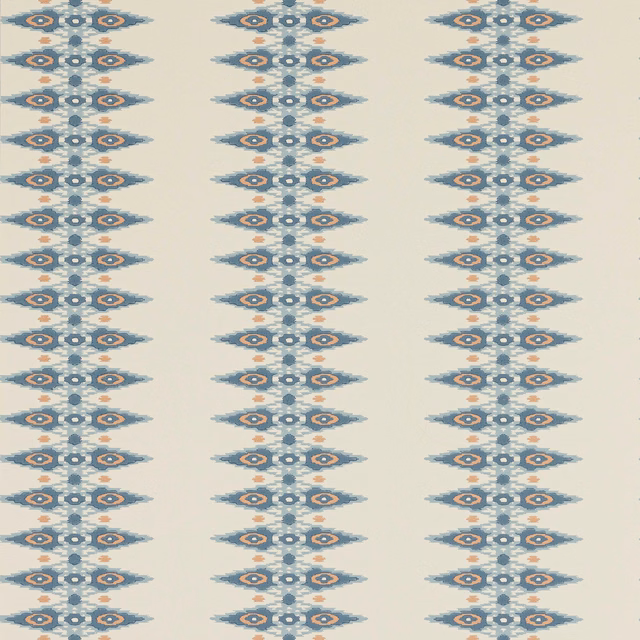 Cream wallpaper with dusty blue geometric stripes and rust diamond motifs
