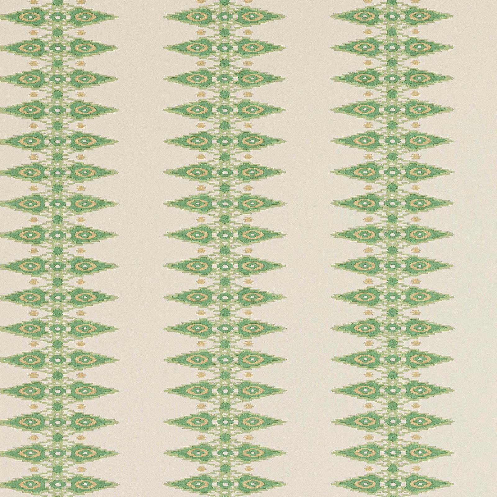 Muted sage-green geometric motifs in vertical stripes over a warm cream wallpaper ground