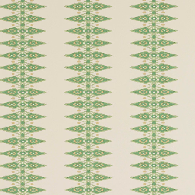 Muted sage-green geometric motifs in vertical stripes over a warm cream wallpaper ground