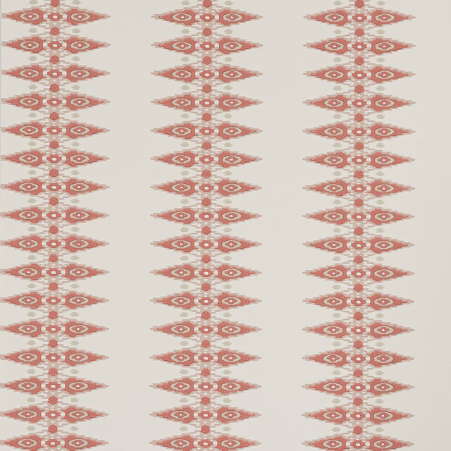 Dusty rose geometric medallion columns on a pale grey-pink wallpaper ground