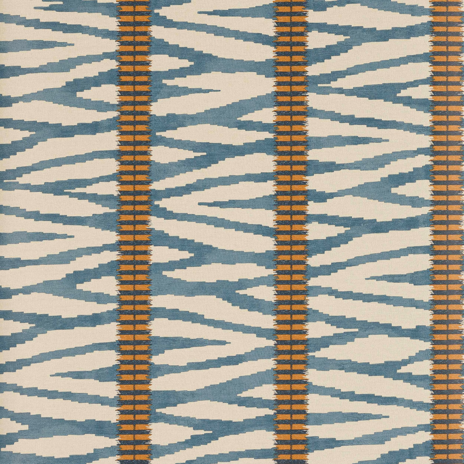 Muted indigo abstract strokes with cream gaps and ochre vertical ladder bands
