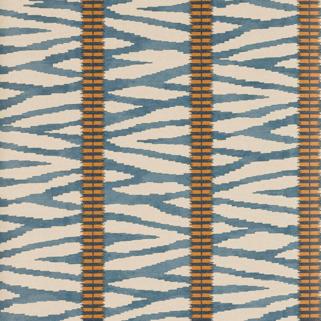 Muted indigo abstract strokes with cream gaps and ochre vertical ladder bands