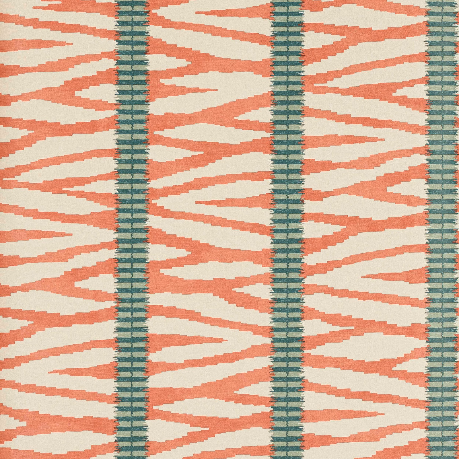 Coral zigzag bands and teal vertical stripes on a cream wallpaper ground