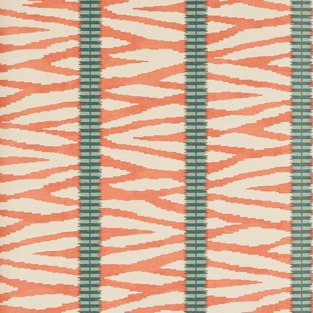 Coral zigzag bands and teal vertical stripes on a cream wallpaper ground
