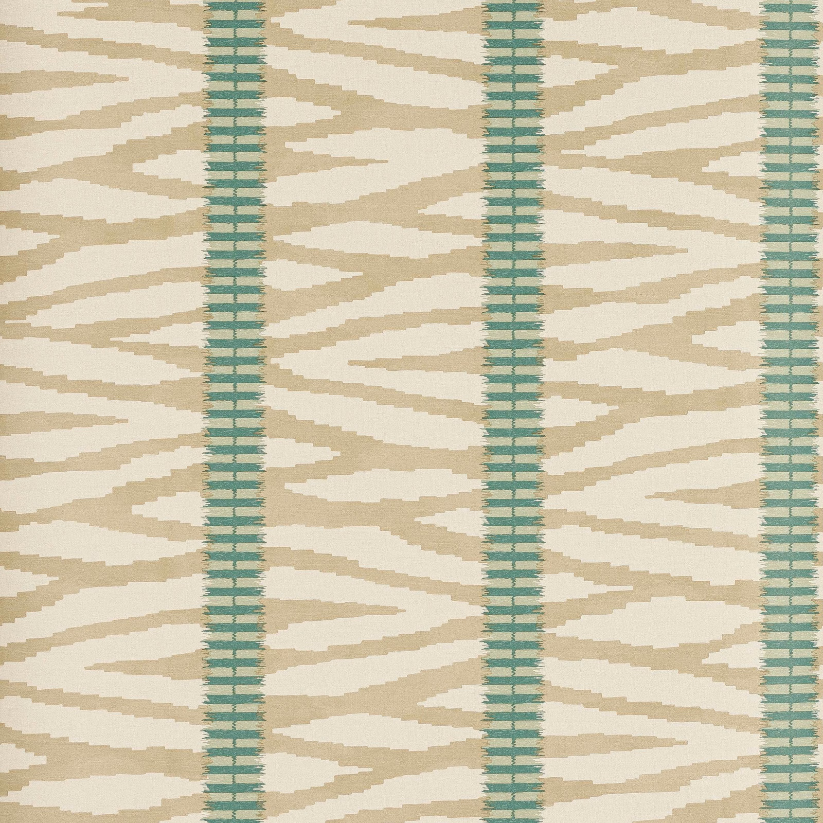 Muted taupe branching bands with aqua vertical stripes on non-woven wallpaper