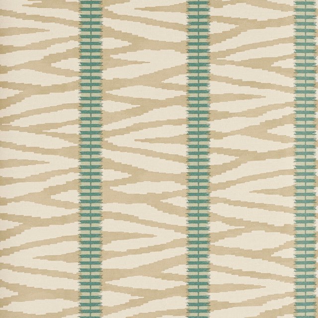 Muted taupe branching bands with aqua vertical stripes on non-woven wallpaper