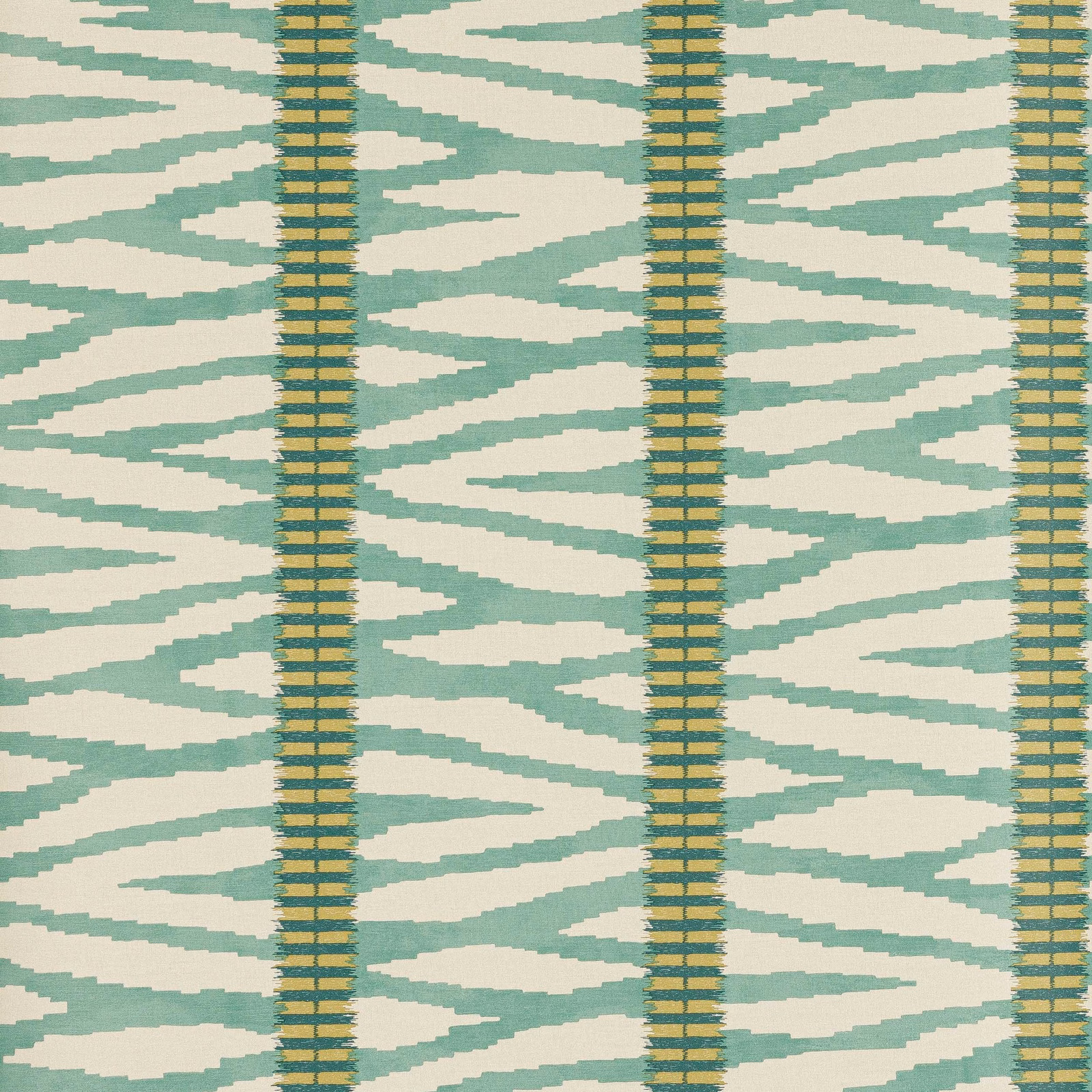Muted aqua teal brush marks, cream ground and olive-gold vertical bands
