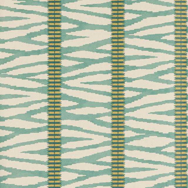 Muted aqua teal brush marks, cream ground and olive-gold vertical bands