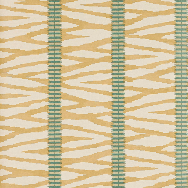 Ochre angular brushstrokes and teal vertical stripes on a cream wallpaper ground