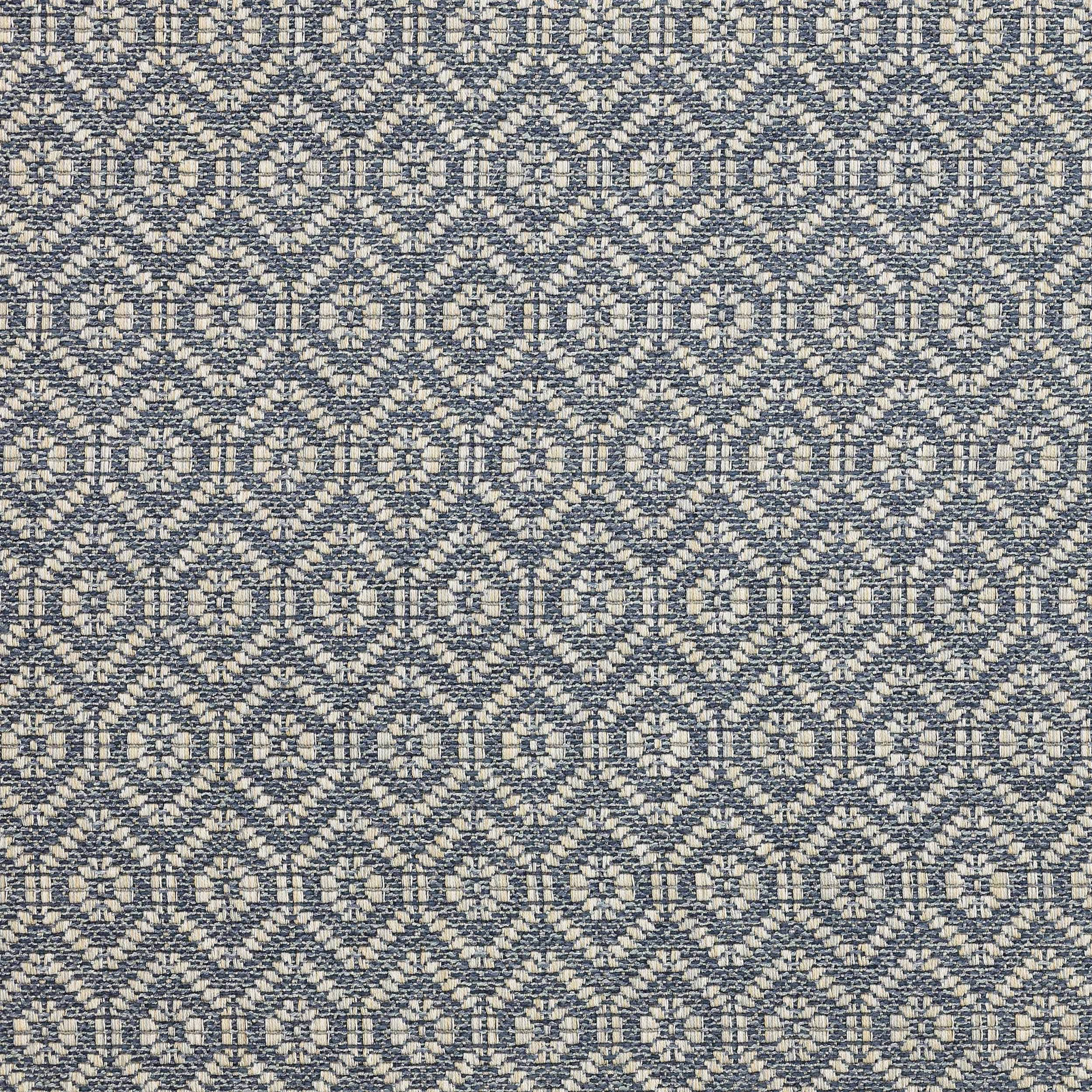 Small blue and cream geometric woven fabric with textured repeating medallions