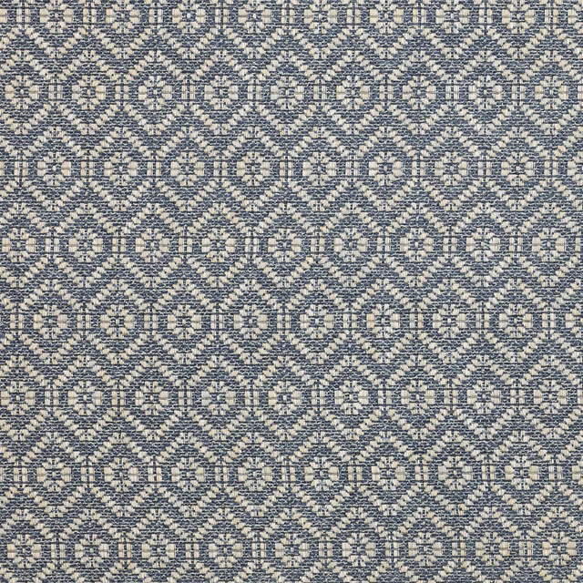 Small blue and cream geometric woven fabric with textured repeating medallions