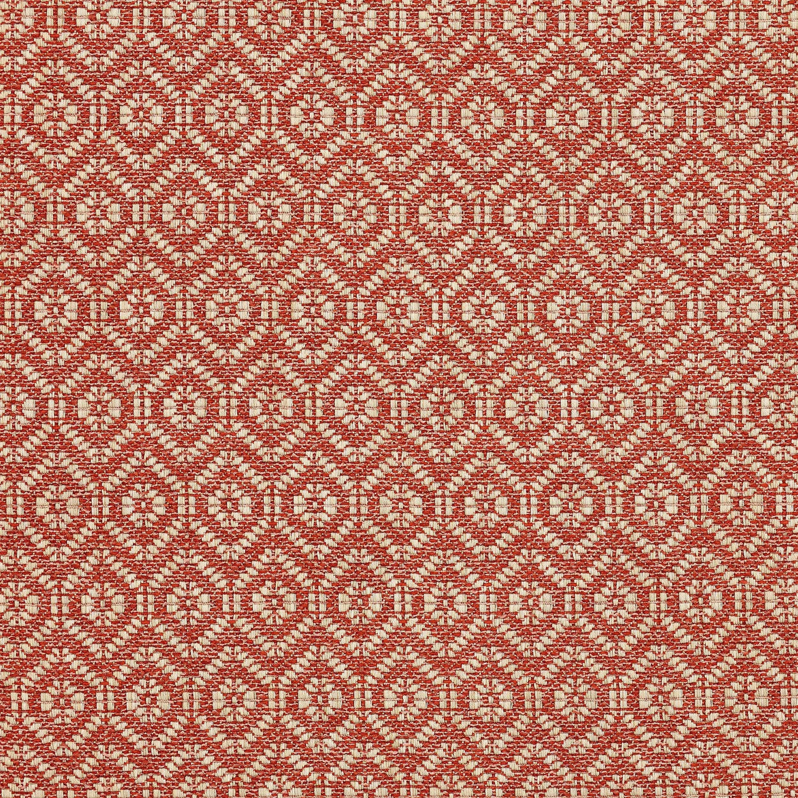 Tomato red and warm cream geometric woven fabric with small repeating medallions