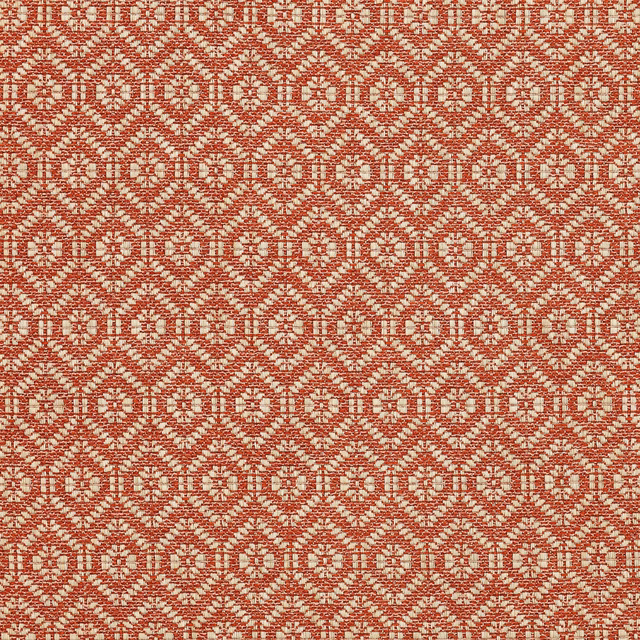 Tomato red and warm cream geometric woven fabric with small repeating medallions