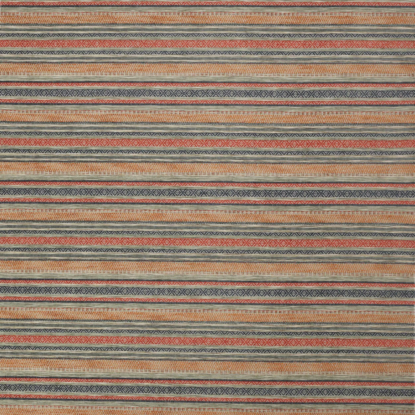 Woven striped fabric swatch in coral, sage, navy and beige horizontal bands