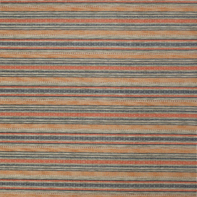 Woven striped fabric swatch in coral, sage, navy and beige horizontal bands