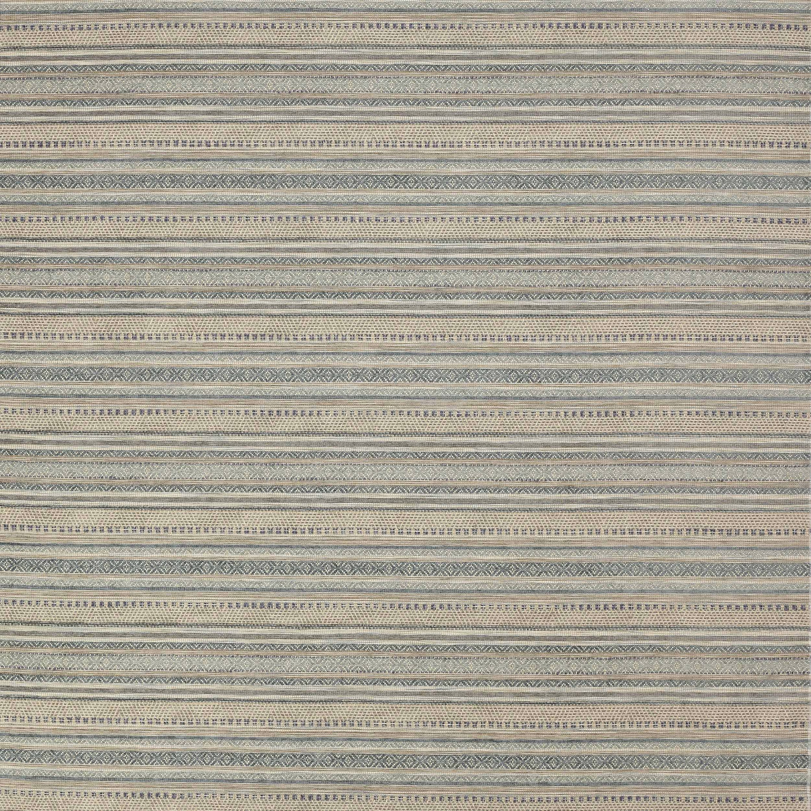 Horizontal striped fabric swatch in muted blue, cream and taupe woven bands