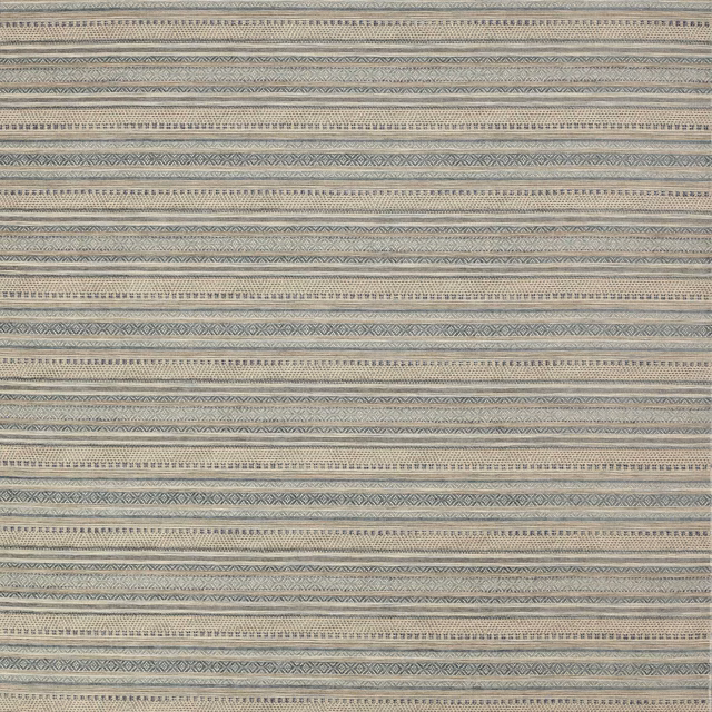 Horizontal striped fabric swatch in muted blue, cream and taupe woven bands