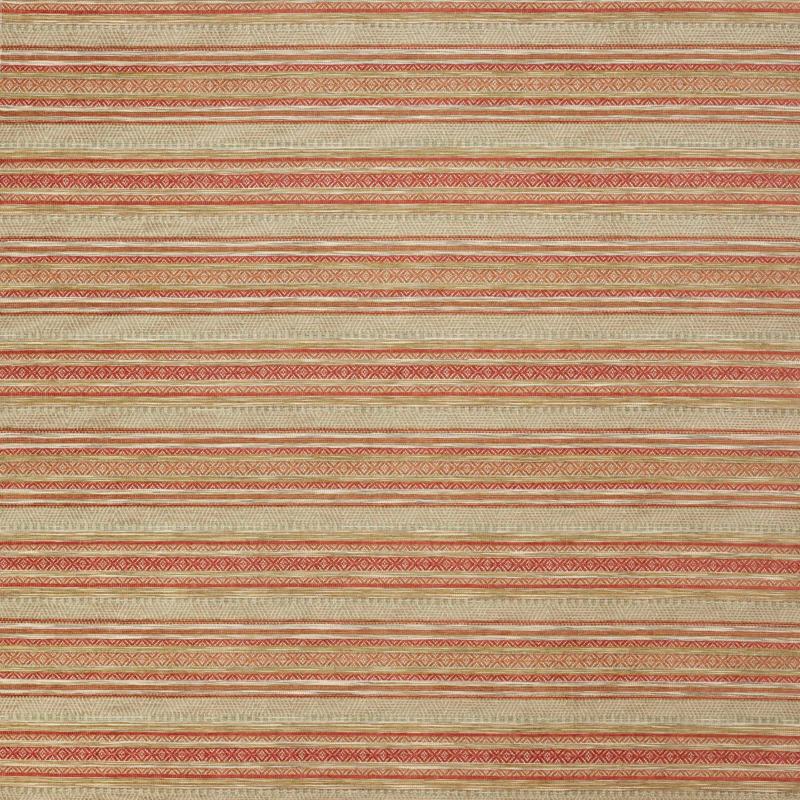 Swatch of Carey Red striped fabric with coral red and natural bands