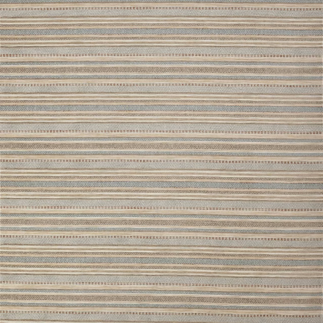 Close-up of striped woven fabric in stone beige, cream and muted blue-grey