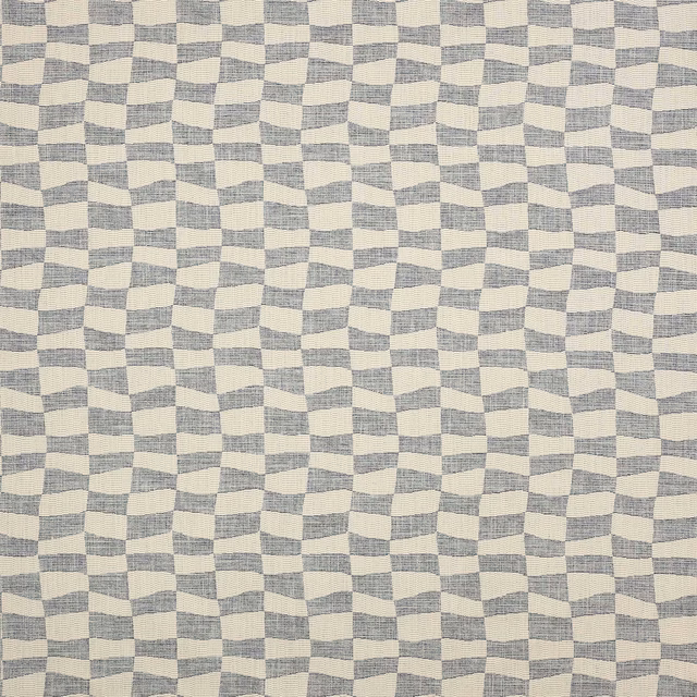 Soft blue-grey geometric woven fabric with small repeating ivory blocks