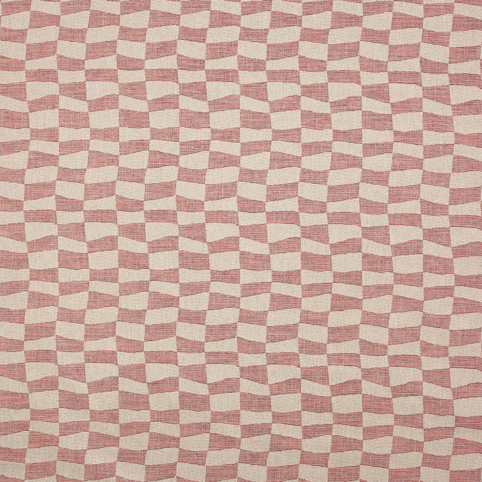 Dusty rose pink small check fabric on a warm ivory ground, woven with a rippled texture