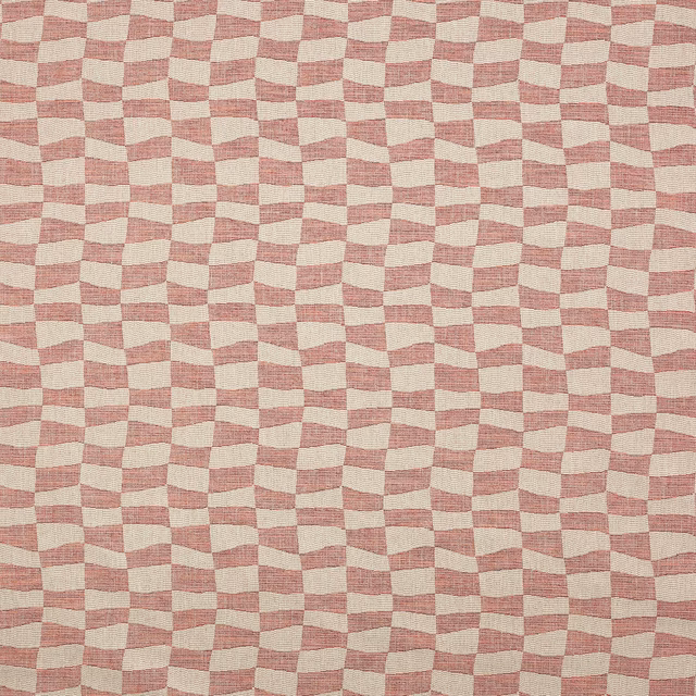 Dusty rose pink small check fabric on a warm ivory ground, woven with a rippled texture