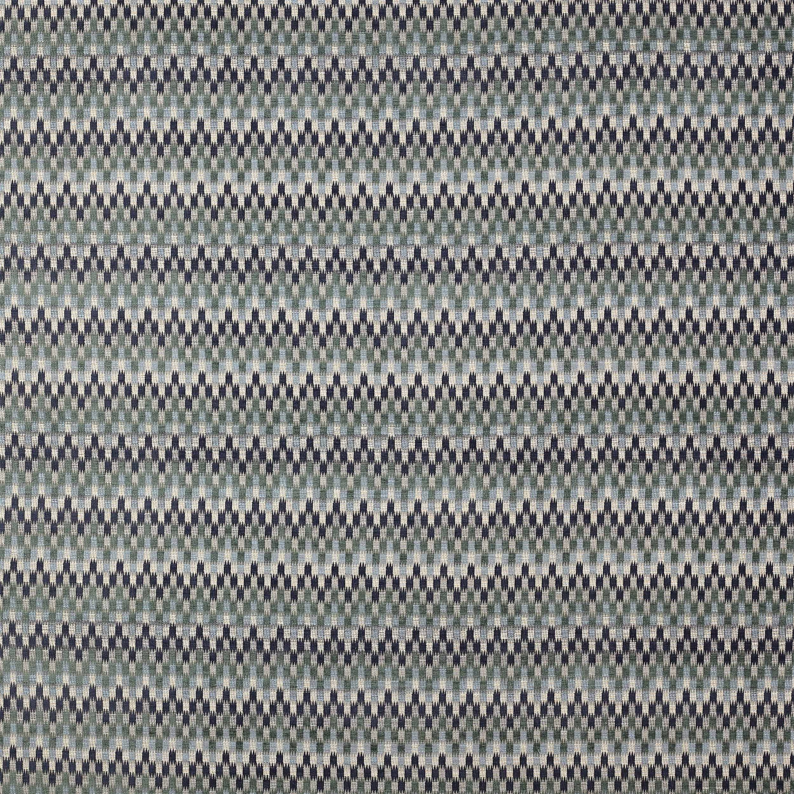 Small geometric fabric swatch in blue-teal, grey and dark navy tones
