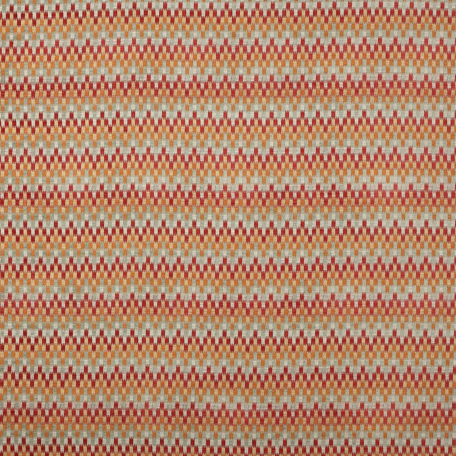Close-up of small geometric woven fabric in red, sage and pale neutral bands