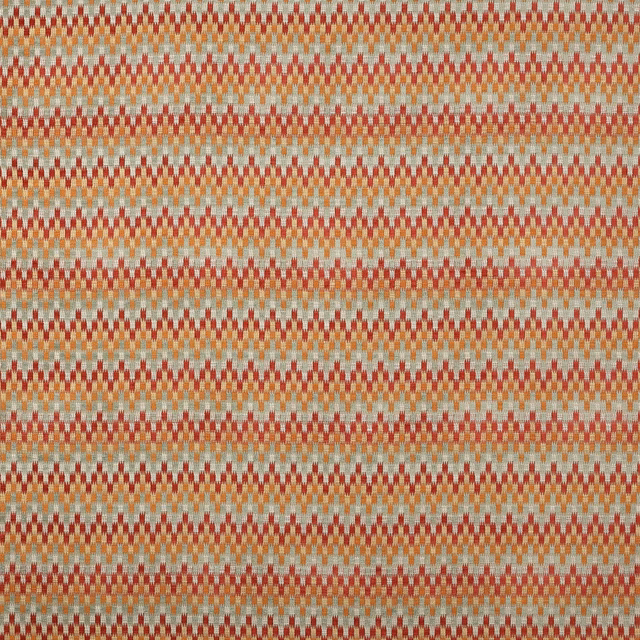 Close-up of small geometric woven fabric in red, sage and pale neutral bands