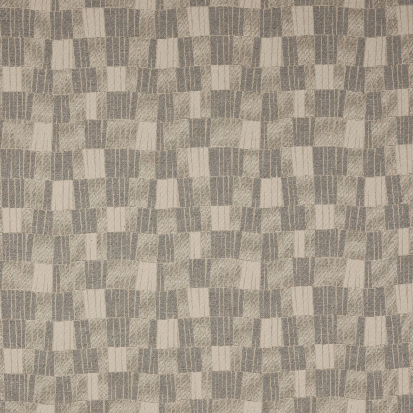 Soft grey geometric woven fabric with ivory vertical bars and small block repeat
