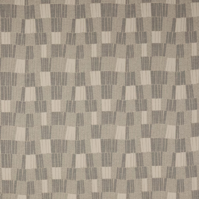 Soft grey geometric woven fabric with ivory vertical bars and small block repeat