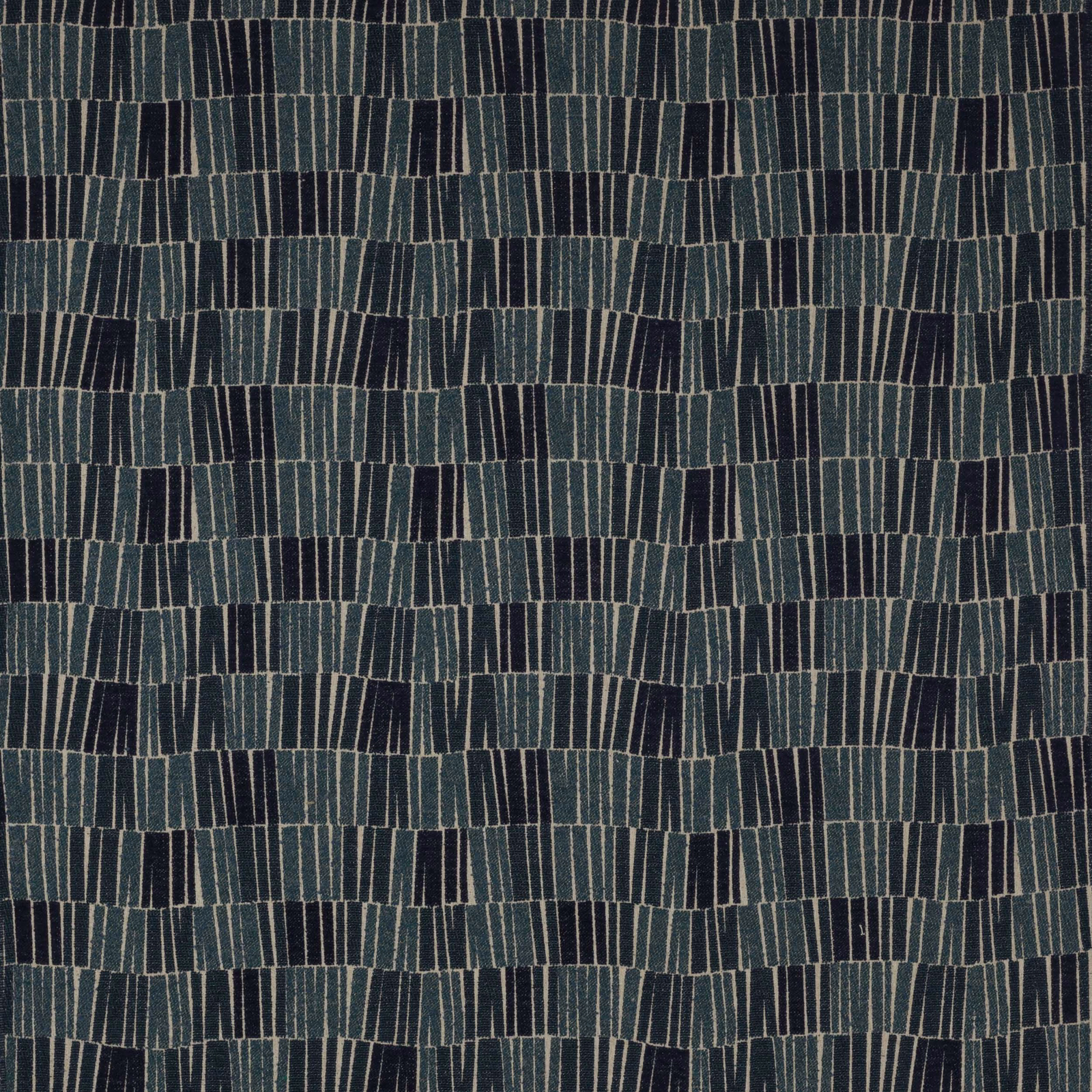 Swatch of deep teal geometric woven fabric with narrow pale stripes and navy blocks