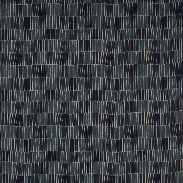 Swatch of deep teal geometric woven fabric with narrow pale stripes and navy blocks