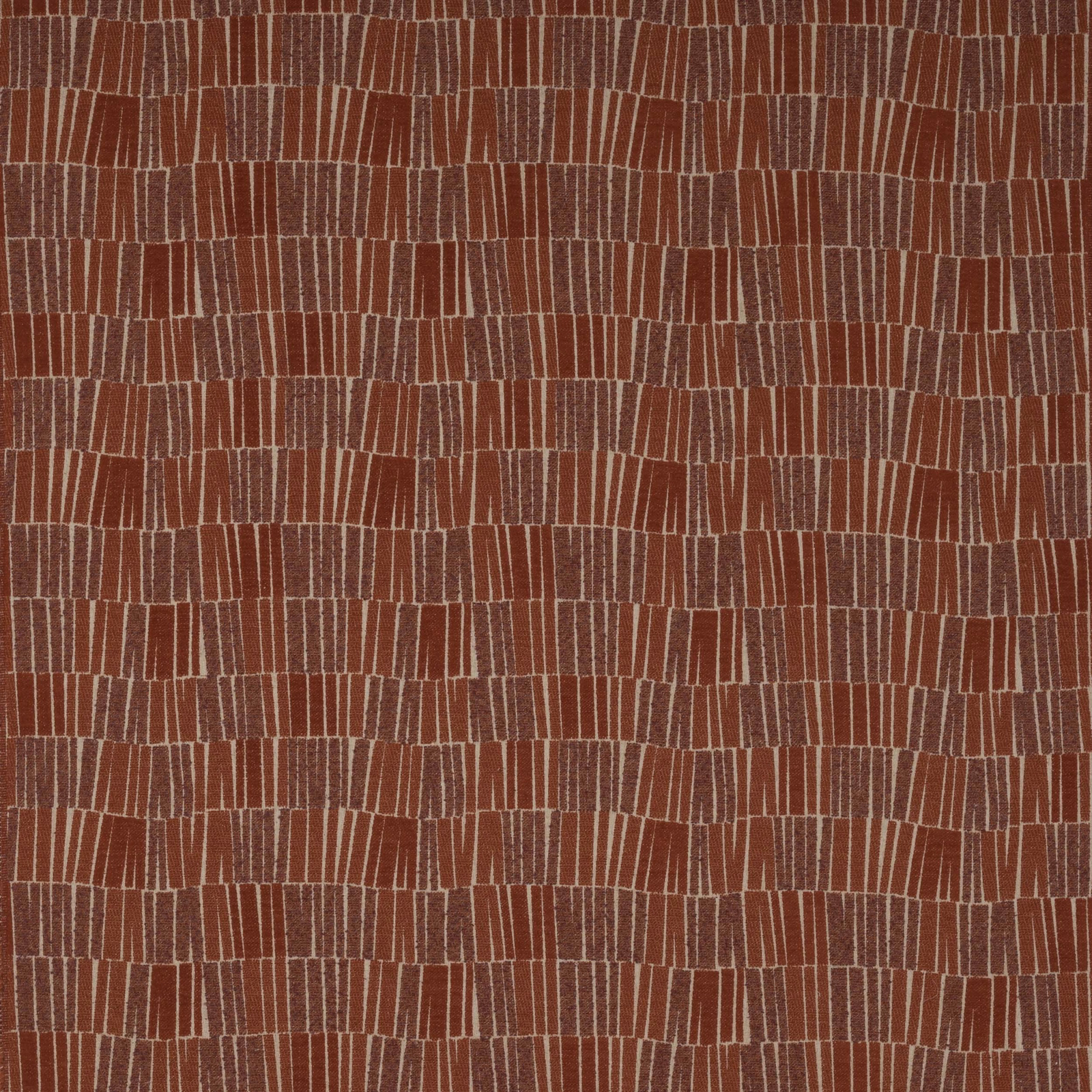 Rust terracotta woven fabric with small vertical stripe blocks and pale thread lines
