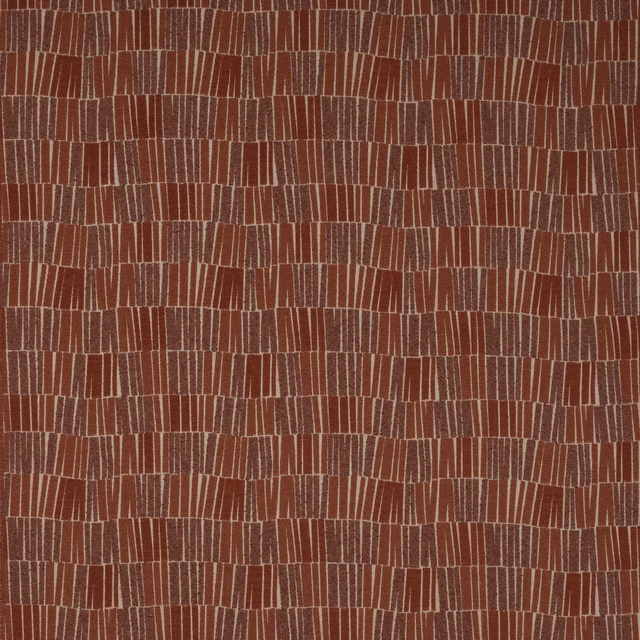 Rust terracotta woven fabric with small vertical stripe blocks and pale thread lines
