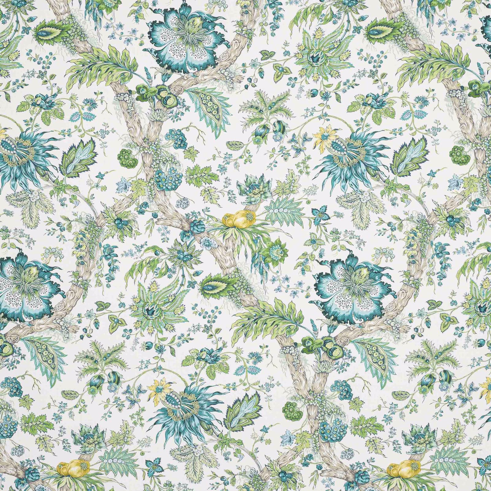 Painterly botanical fabric with celadon, teal and green flowers on a pale ground