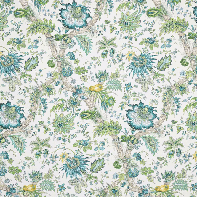 Painterly botanical fabric with celadon, teal and green flowers on a pale ground
