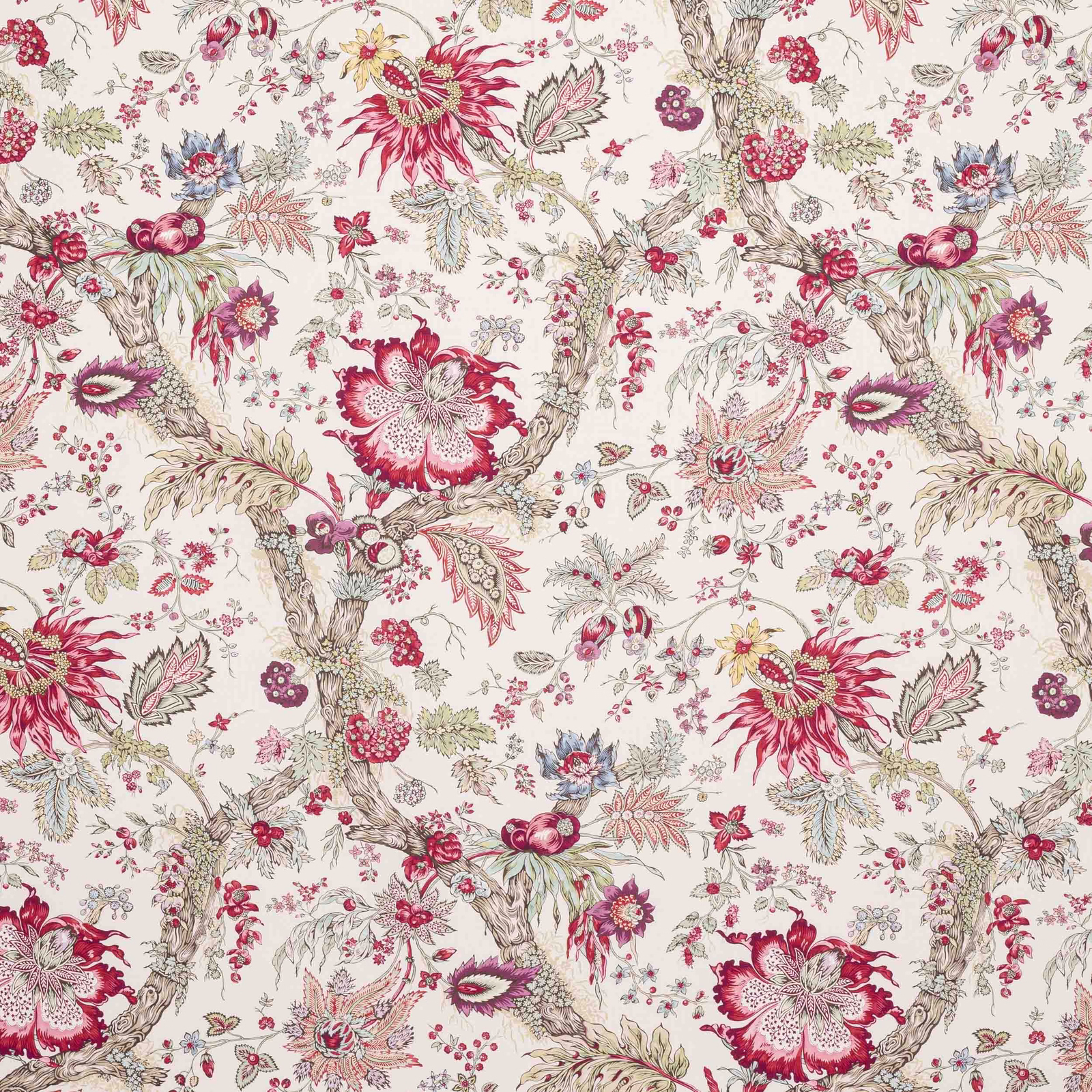 Ivory floral fabric with vivid cerise blossoms, leafy branches and fine botanical detail