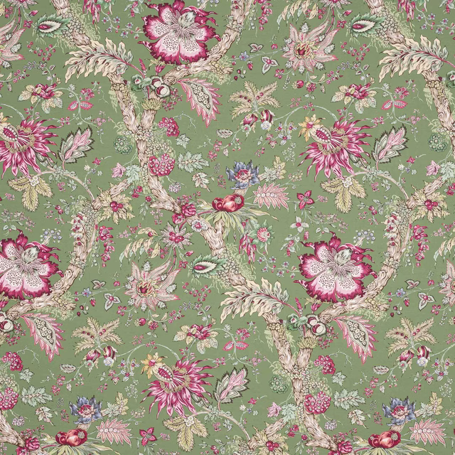 Sage green botanical fabric with pink and ivory flowers and scrolling branches