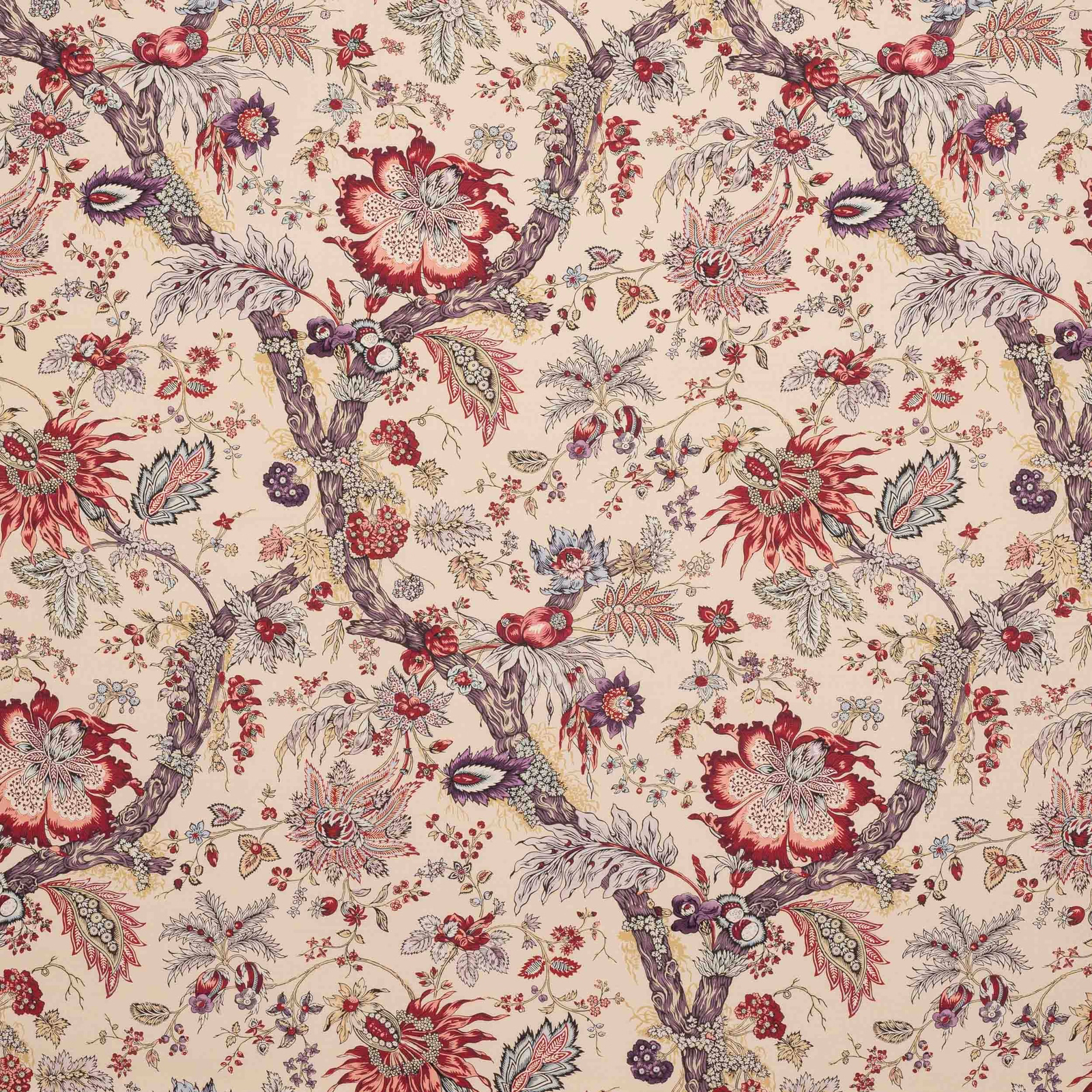 Cream floral fabric with violine branches, red blooms and fine botanical detail