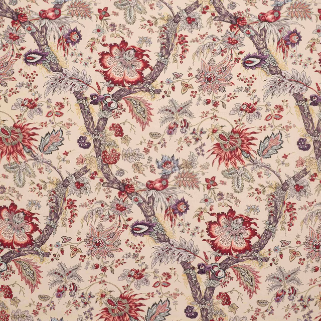 Cream floral fabric with violine branches, red blooms and fine botanical detail