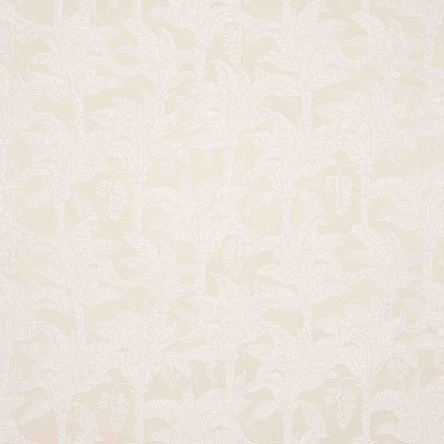 Pale champagne ivory fabric with subtle palm leaf texture and tonal woven pattern
