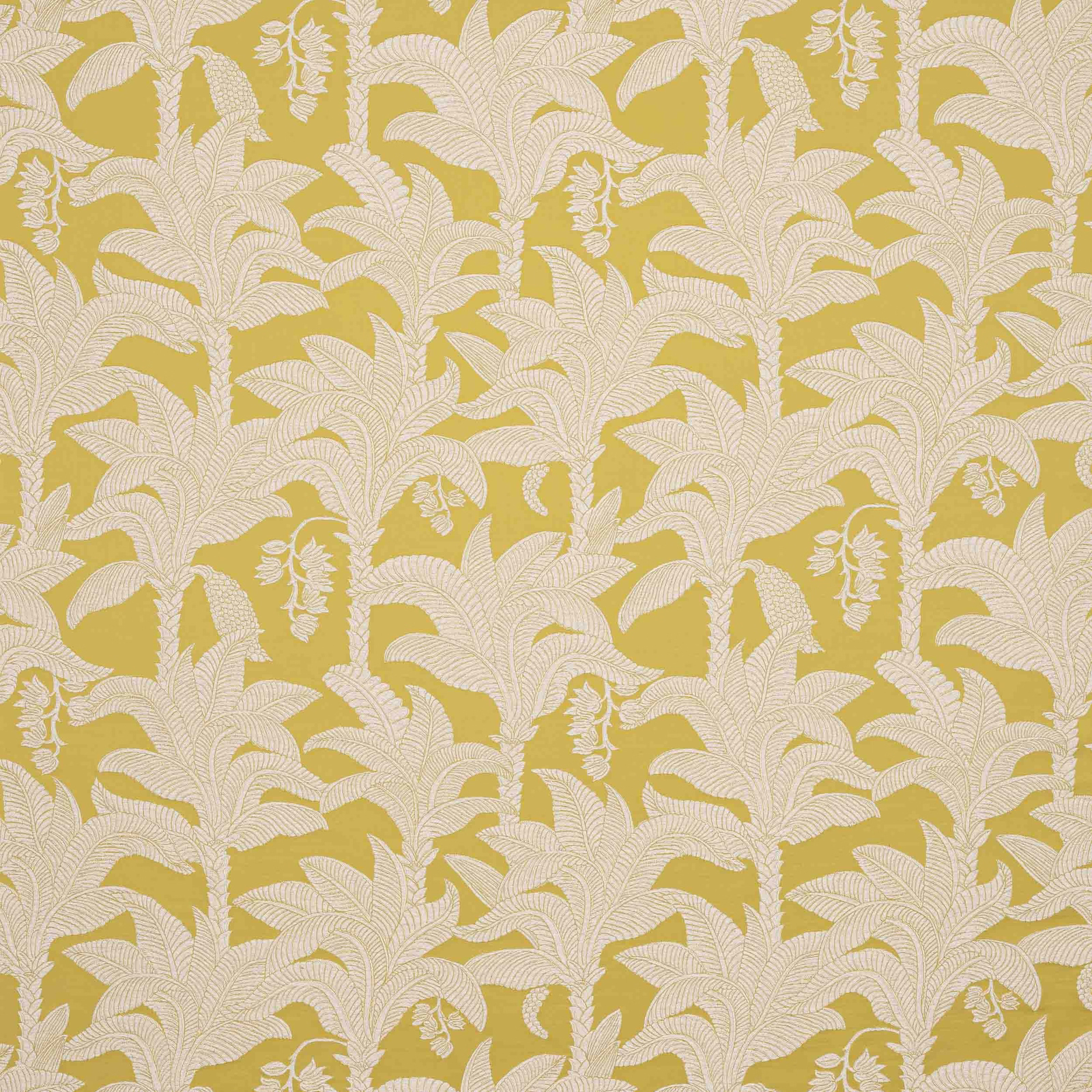 Golden yellow botanical fabric with ivory leaf motif and woven texture