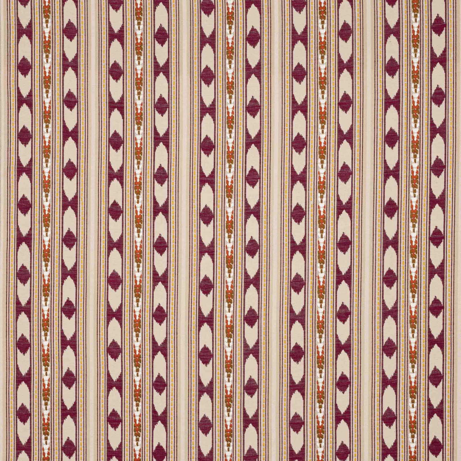 Vertical burgundy and cream striped fabric with small repeated motifs and rust accents