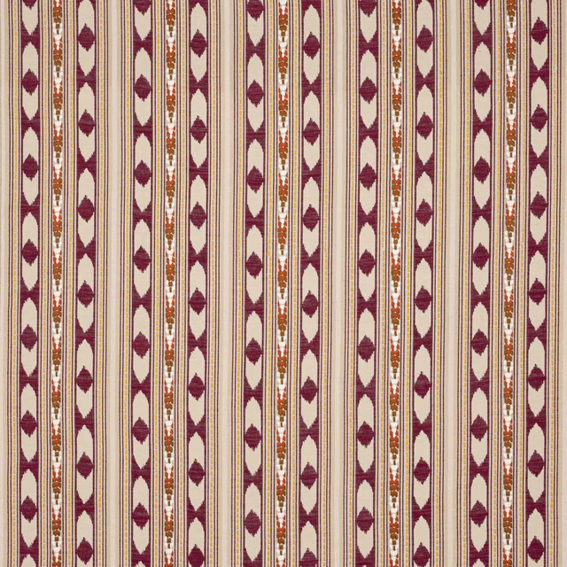 Vertical burgundy and cream striped fabric with small repeated motifs and rust accents