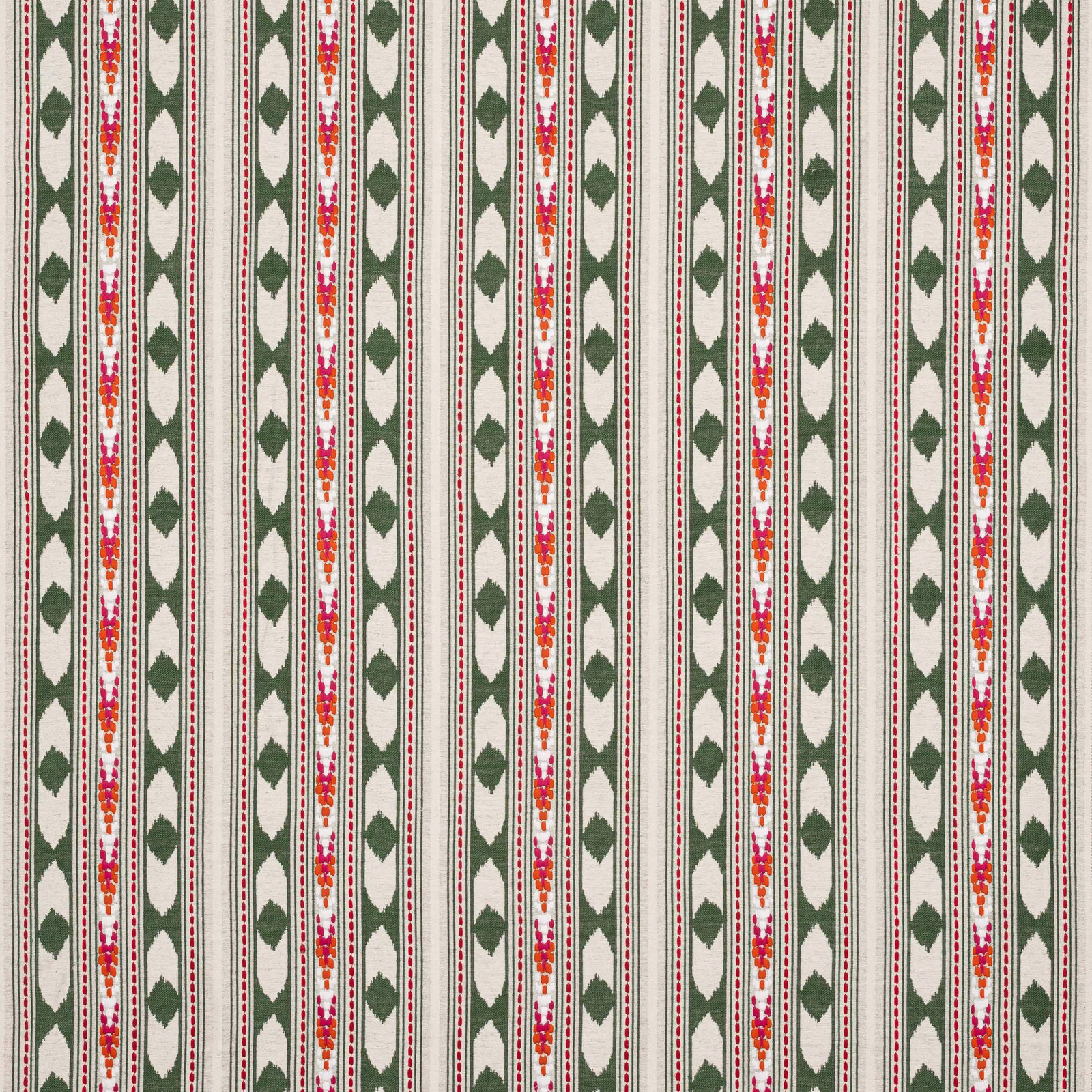 Cream striped fabric with olive green motifs and coral-pink accent bands